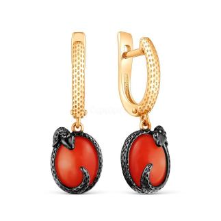 Серьги из золочёного серебра с нат. кораллом, фианитами и родированием