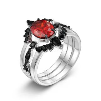 Кольцо тройное из серебра с пл.кварцем цв.гранат и фианитами родированное