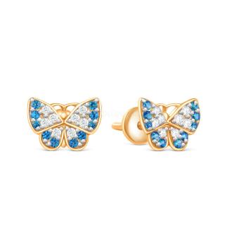 Серьги-пусеты из золочёного серебра с фианитами - Бабочки