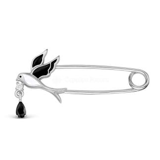 Булавка из серебра с эмалью и фианитами родированная