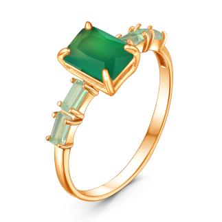 Кольцо из золочёного серебра с агатом и плавленым мятным кварцем