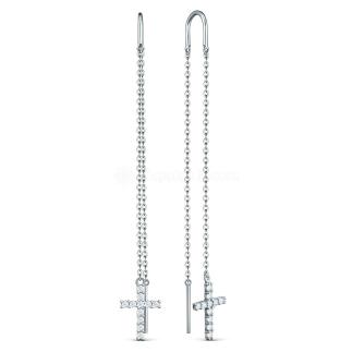 Серьги-продёвки из серебра с фианитами родированные - Крест