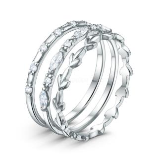 Кольцо тройное из серебра с фианитами родированное