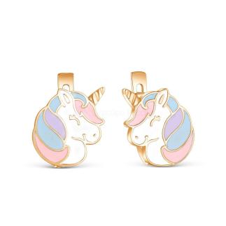 Серьги детские из золочёного серебра с эмалью - Единороги