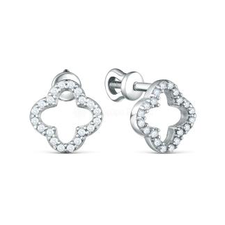 серьги-пусеты  в форме клевер гвоздики  из серебра с фианитом родированные коллекция Clover time