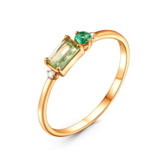 Кольцо из золочёного серебра с плавленым кварцем цвета празиолит, парайба и фианитами