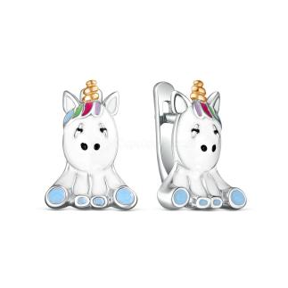 Серьги детские из серебра с эмалью родированные - Единорожки