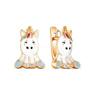 Серьги детские из золочёного серебра с эмалью и фианитами - Единорожки