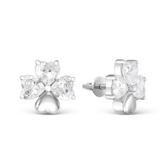 Серьги-пусеты из серебра с фианитами родированные - Сердечки