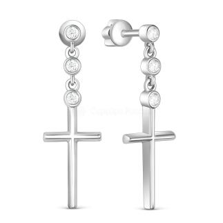Серьги-пусеты гвоздики кресты из серебра с фианитами родированные