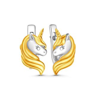 Серьги детские из серебра с лимонной позолотой родированные - Единороги