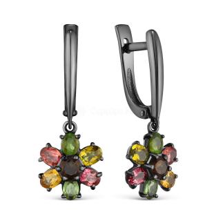 Серьги из серебра с нат.раух-топазом и нат.турмалином цв.мульти родированные