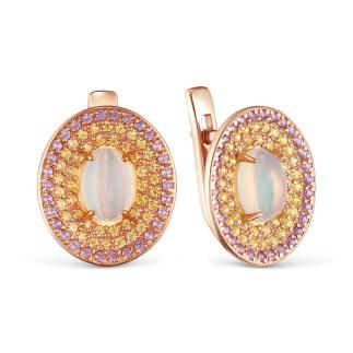 Серьги из золочёного серебра с нат. эфиопским опалом, синт. александритом и фианитами