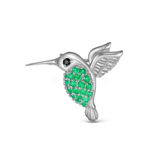 Брошь из серебра с фианитом и нат.зелёным агатом родированная - Колибри