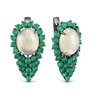 Серьги из серебра с нат.лунным камнем и пл.кварцем цв.зелёный лунный камень родированные