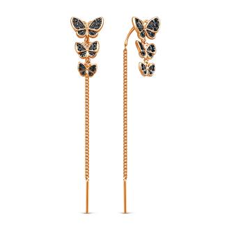 Серьги-продёвки из золочёного серебра с фианитами и родированием - Бабочки