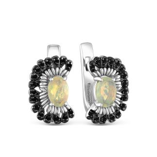 Серьги из серебра с нат.эфиопским опалом и шпинелью родированные