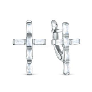 Серьги кресты из серебра с фианитами родированные