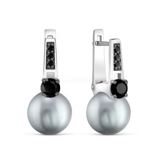 Серьги из серебра с  жемчугом и фианитами родированные