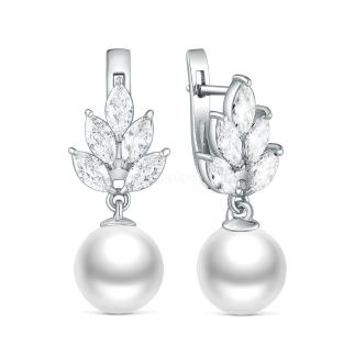 Серьги из серебра с жемчугом и фианитами родированные