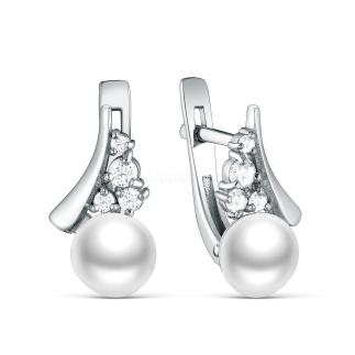 Серьги из серебра с культивированным белым жемчугом и фианитами родированные