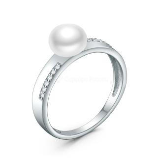 Кольцо из серебра с культивированным белым жемчугом и фианитами родированное