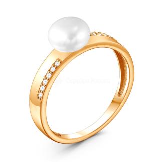 Кольцо из золочёного серебра с культ. жемчугом и фианитами
