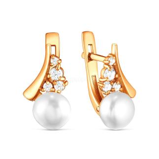 Серьги из золочёного серебра с культивированным жемчугом и фианитами