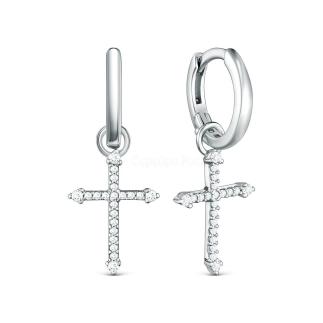 Серьги кресты из серебра с фианитами родированные