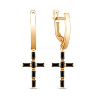 Серьги кресты из золочёного серебра с черными фианитами