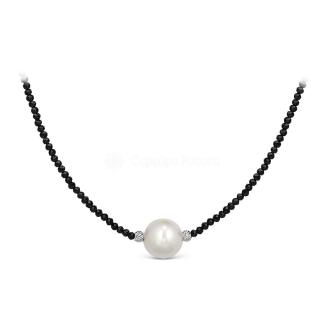 Колье из серебра с синт.шпинелью и культ.речн.жемчугом родированное