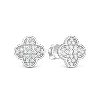 Серьги-пусеты  в форме клевер гвоздики  из серебра с фианитом родированные коллекция Clover time