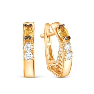 Серьги из золочёного серебра с нат.цитрином, фианитами и родированием