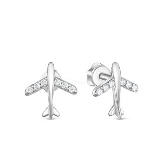 Серьги-пусеты из серебра с фианитами родированные - Самолёты