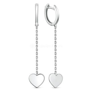 Серьги длинные сердце из серебра родированные