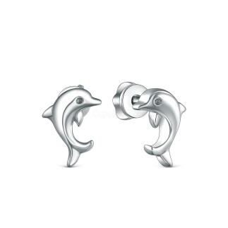 Серьги-пуссеты из серебра родированные - Дельфинчики