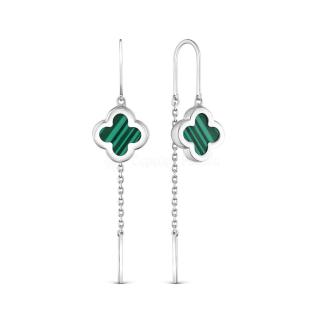 Серьги-продёвки длинные в форме клевер  из серебра с камнем малахит родирование