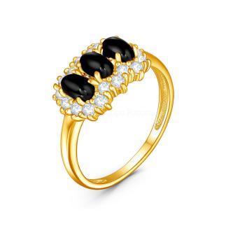 Кольцо из золочёного серебра с чёрным диопсидом и фианитами