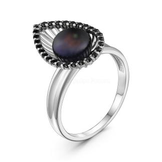 Кольцо из серебра с культ. жемчугом и шпинелью родированное