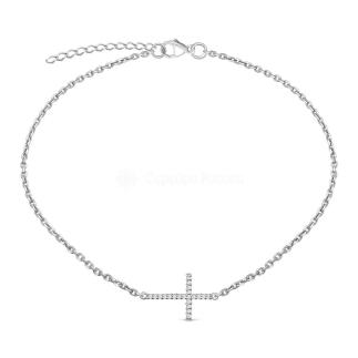 Браслет на ногу с крестом из серебра с фианитами родированный