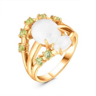 Кольцо из золочёного серебра с лунным камнем и хризолитом
