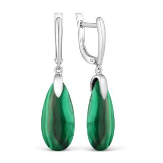 Серьги женские из серебра с натуральным малахитом формы груша родированные