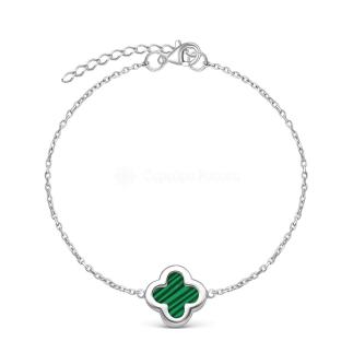 Браслет женский серебро в форме клевер с камнем малахит коллекция Clover Time