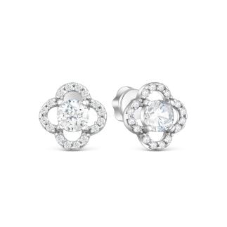 Серьги-пусеты клевер из серебра с фианитами родированные