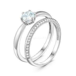 Кольцо двойное из серебра с голубым бриллианитом и фианитами родированное - 2 в 1