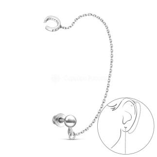 Серьга-пусет из серебра с фианитами родированная - Моносерьга с цепочкой и каффой