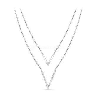 Колье женское двухъярусное V-образное из серебра с фианитами родированное