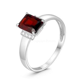 Кольцо из серебра с гранатом и фианитами родированное