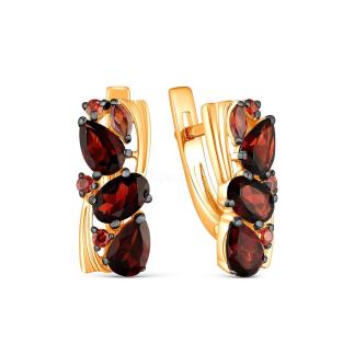 Серьги из золочёного серебра с натуральным гранатом, фианитами цвета гранат и родированием