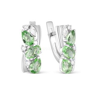 Серьги из серебра с плавленым кварцем цвета празиолит и фианитами родированные